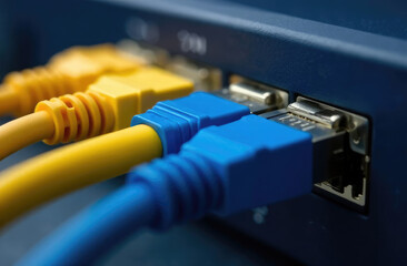 Close up of network ethernet cables plugged into switch