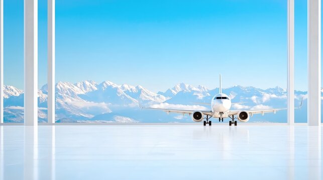Airplane on tarmac, mountain view, airport waiting area, travel