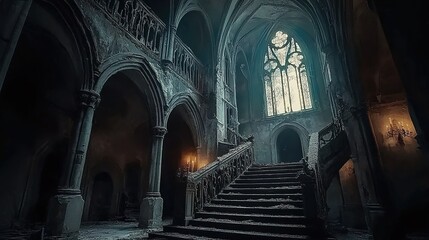 Fototapeta premium Inside an abandoned, fantasy-inspired Gothic castle, cinematic lighting creates a hyper-realistic scene.