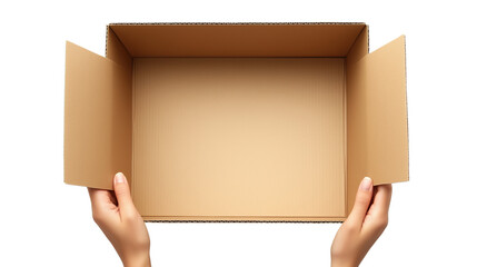 Hands Holding an Open Cardboard Box – Shipping and Packaging Concept cutout on a Transparent Background. 