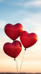 A bunch of vibrant red heart-shaped balloons rises against a stunning sunset backdrop. The beautiful sky casts warm colors, perfect for romantic events or celebrations