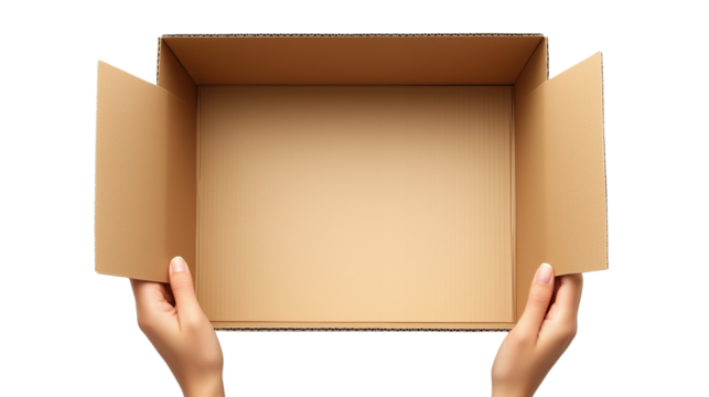 Hands Holding an Open Cardboard Box – Shipping and Packaging Concept cutout on a Transparent Background. 