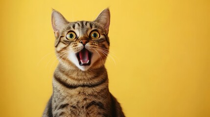 Surprised Tabby Cat on Yellow Background Close-up Portrait, Pet Photography, Amazement, Cat Expressions Cat portrait, pet photography