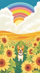 Happy Corgi in a Sunflower Field with a Rainbow