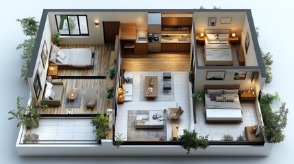 Modern Apartment Interior with Living and Bedrooms Layout. Generative AI