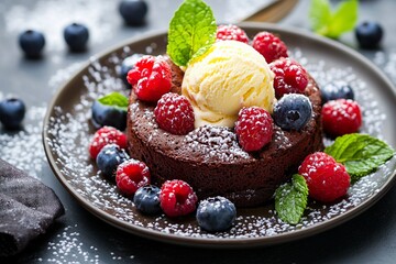 Decadent chocolate cake topped with ice cream and fresh berries, set on a dark table with mint leaves