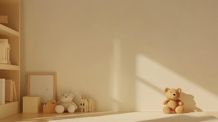 Photo of a baby nursery with beige walls and minimal furniture, featuring an empty wall for mockups. 