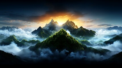 Majestic sunrise over misty mountain peaks, serene landscape, ideal for travel or nature documentaries