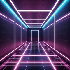 Neon Corridor with Geometric Lighting
This long corridor is designed in a futuristic style with neon lines along the walls, floor, and ceiling. The lighting elements create a geometric pattern, giving