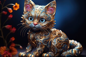 black cat with yellow feathers on black background