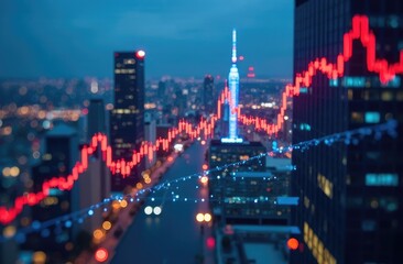 Fototapeta premium Economic crisis concept shown by declining graphs and digital indicators overlap modernistic city background. Double exposure