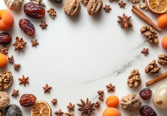 Assorted Dried Fruits, Nuts, Spices, and Decorative Elements Arranged on a Marble Surface Creating a Beautiful Organic Food Background for Culinary Themes