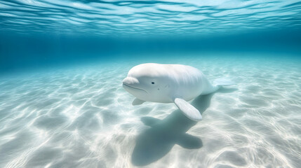 Naklejka premium Graceful Beluga Whale Swimming in Pristine Icy Blue Ocean Waters