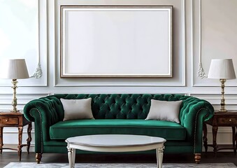 Scandinavian home interior with a plush green velvet sofa, coffee table, and white walls