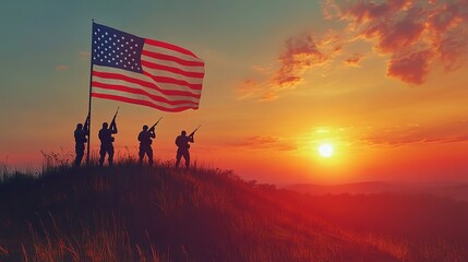 Silhouettes of soldiers and an American flag against the background of a sunset sky, a background for profile pictures or social media covers