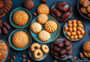 Fototapeta premium Assorted Traditional Cookies and Dried Fruits on Elegant Plates with Nuts, Perfect for Celebrations and Gatherings in a Beautiful Arrangement