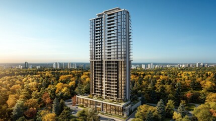 Fototapeta premium Modern Highrise Apartment Building Autumn Setting
