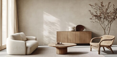 Scandinavian interior design of a modern living room with a beige sofa, wooden armchair, and a light oak cabinet against a plain beige wall