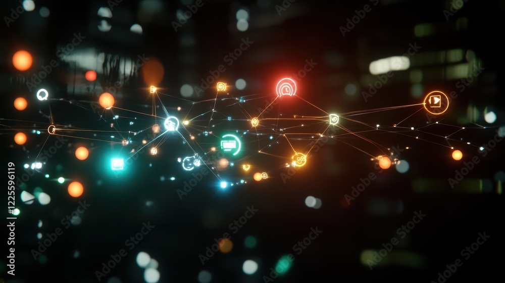 Poster futuristic network connecting digital icons representing various services and technologies, symboliz