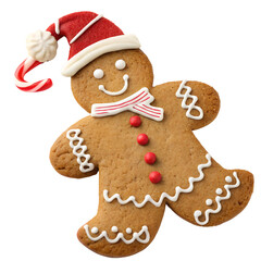 Festive Gingerbread Man with Santa Hat Isolated Trasnparent Background, Png Isolated, Trasnparent Background