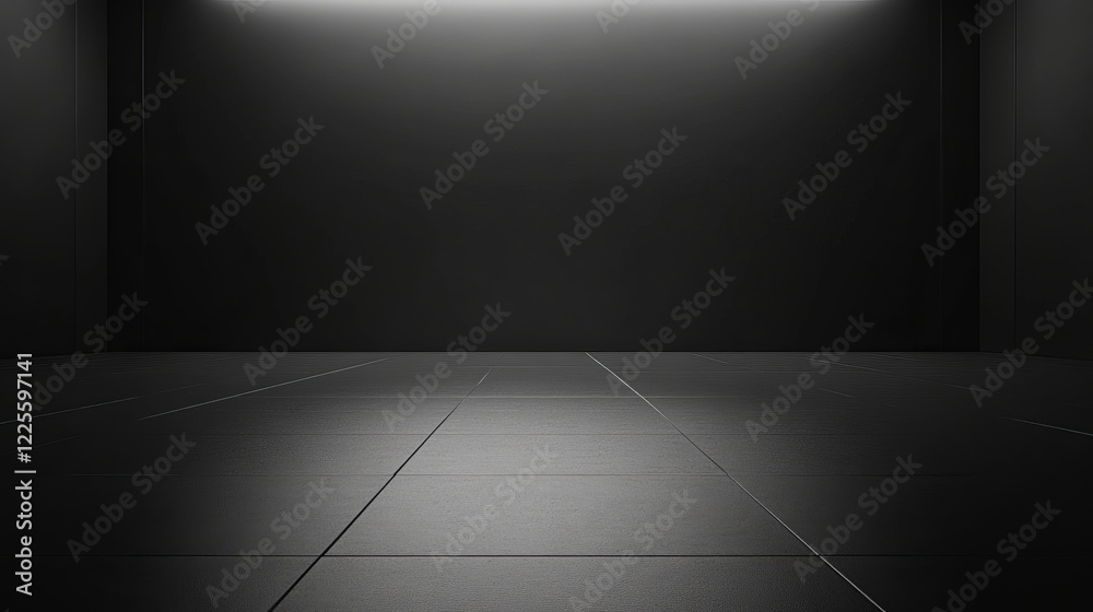 Poster Dimly lit empty room with sleek black tiles reflecting subtle light creating an atmosphere of mystery and anticipation