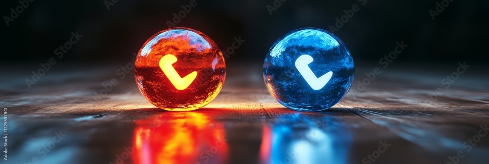 Poster vibrant orbs of red and blue light create a striking contrast on a wooden surface during a quiet eve