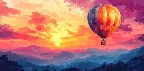 Fototapeta premium Hot Air Balloon Soaring Over Sunset Mountains