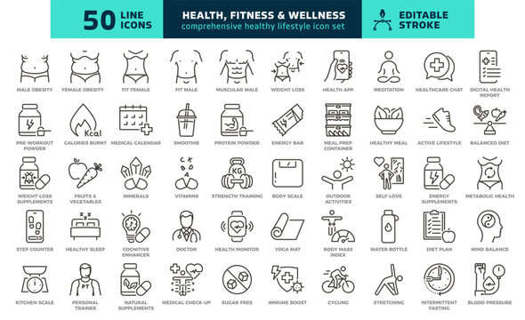 Health, fitness, nutrition and wellness thin line icons. Balanced diet, weight management, exercise, mind and body care vector set