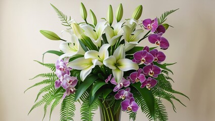 Obraz premium A majestic bouquet of white lilies and purple orchids, accented with ferns, exudes refinement and poise, set against a soft, creamy background for an elegant, organic beauty.