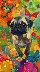 Adorable Pug Puppy Amidst Vibrant Butterflies and Flowers