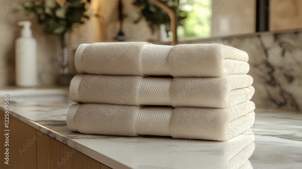 Poster soft and neatly stacked towels resting on a marble countertop in a serene bathroom setting, bathed i