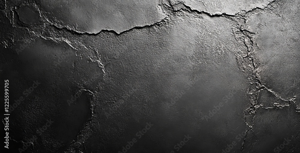 Poster textured black surface with intricate cracks showcasing a blend of shadows and light in a dramatic a