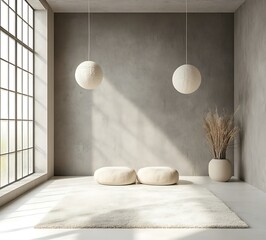 Scandinavian minimalistic room design, textured gray wall, white floor with a neutral carpet, two spherical pendant lights, and a spacious area for text placement
