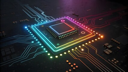 Colorful Circuit Board with Bright Chip and Neon Connections