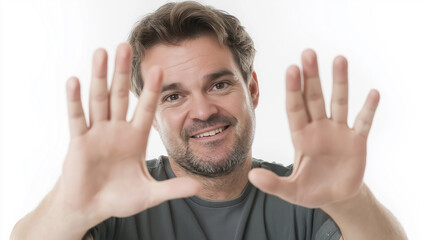 Fototapeta premium Cheerful man showing ten fingers and smiling to camera