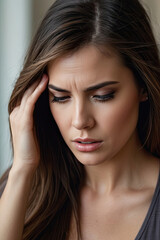 Obraz premium Woman suffering from stress, migraine or a headache grimacing in pain