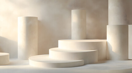 Abstract minimal scene with geometrical forms. Cylinder podiums in cream pink colors. Abstract background. Scene to show cosmetic podructs. Showcase, display case. 3d render.