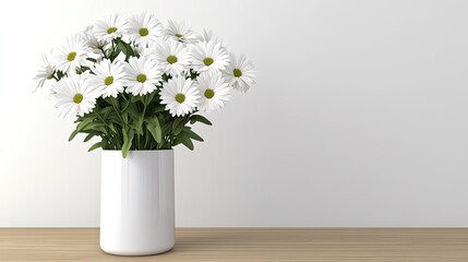 A collection of white daisies is neatly arranged in a white vase on a wooden table. The neutral wall provides a calm backdrop, enhancing the flower's natural beauty