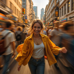 Fototapeta premium Woman in yellow jacket striding through a bustling city street, motion blur highlighting her energy.