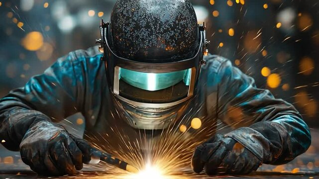 Welding Sparks Fly: A welder, clad in protective gear, focuses intently on their task, a fiery spray of sparks erupting as the torch meets the metal.  The image captures the intense heat.