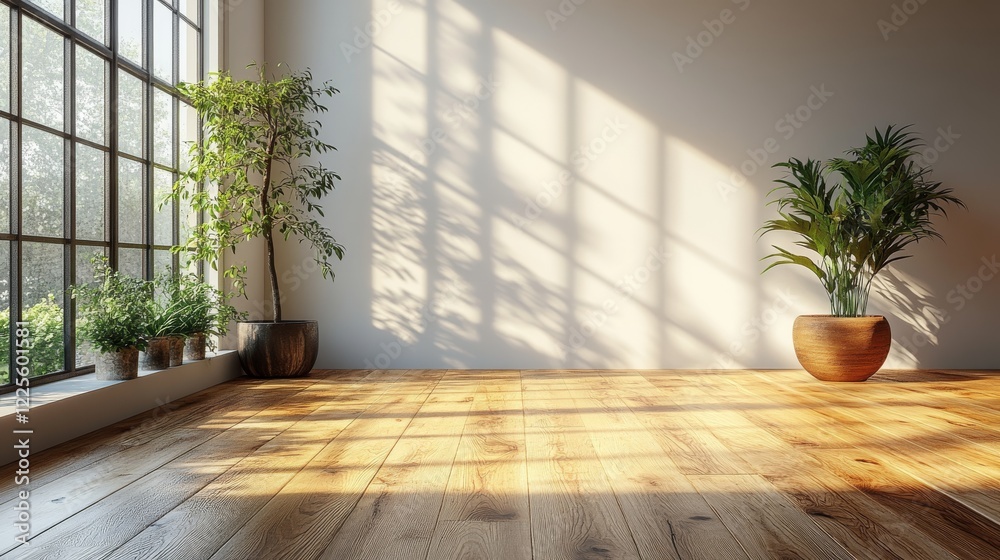 Poster sunlight streams through large windows, illuminating the wooden floor and the greenery in a tranquil