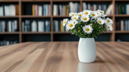 A collection of white daisies is neatly arranged in a white vase on a wooden table. The neutral wall provides a calm backdrop, enhancing the flower's natural beauty