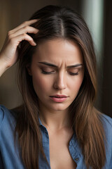 Fototapeta premium Woman suffering from stress, migraine or a headache grimacing in pain