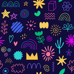 Doodle cartoon elements seamless pattern, background. Vector abstract doodle objects, sketches, drawings