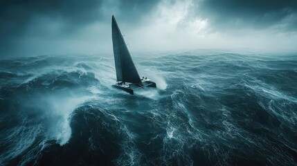 Dark stormy ocean with a single sailboat navigating through high waves in unpredictable weather conditions