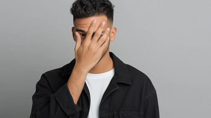 Young man covering face with hand expressing shame and embarrassment