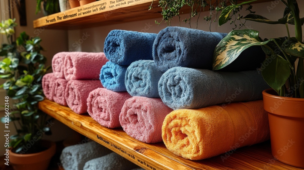 Poster soft rolled towels arranged neatly on a wooden shelf surrounded by lush greenery in a cozy indoor se