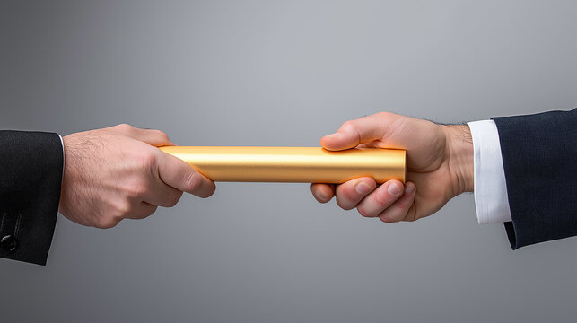 Businessmen exchanging golden relay baton: teamwork and continuity concept - Powered by Adobe