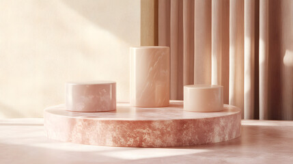 Abstract minimal scene with geometrical forms. Cylinder podiums in cream pink colors. Abstract background. Scene to show cosmetic podructs. Showcase, display case. 3d render.
