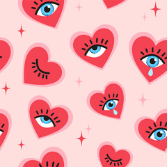 Heart eyes, hearts with eyes abstract mystic tarot seamless pattern, love background